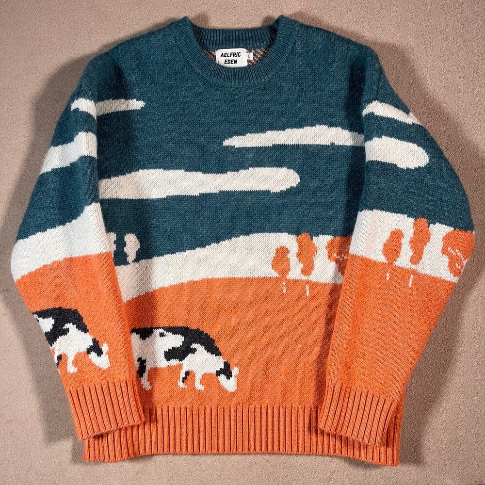 AELFRIC EDEN Unique Unisex Novelty Landscape Twee Sweater Cow Graphic Size L
